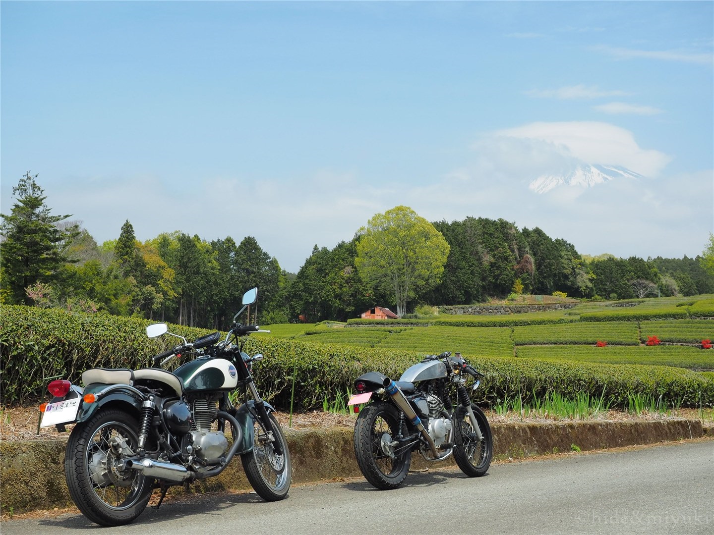 バイクと茶畑と富士山